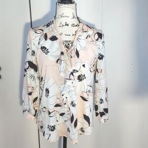 Karl Lagerfeld- Womens Silky Pink/Black Ruffle Front Buttondown Artsy Top Sz.M